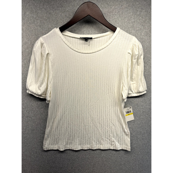 1. State Tops - 1 State Womens Blouse Size Medium White Short Puff Sleeve Ribbed NWT